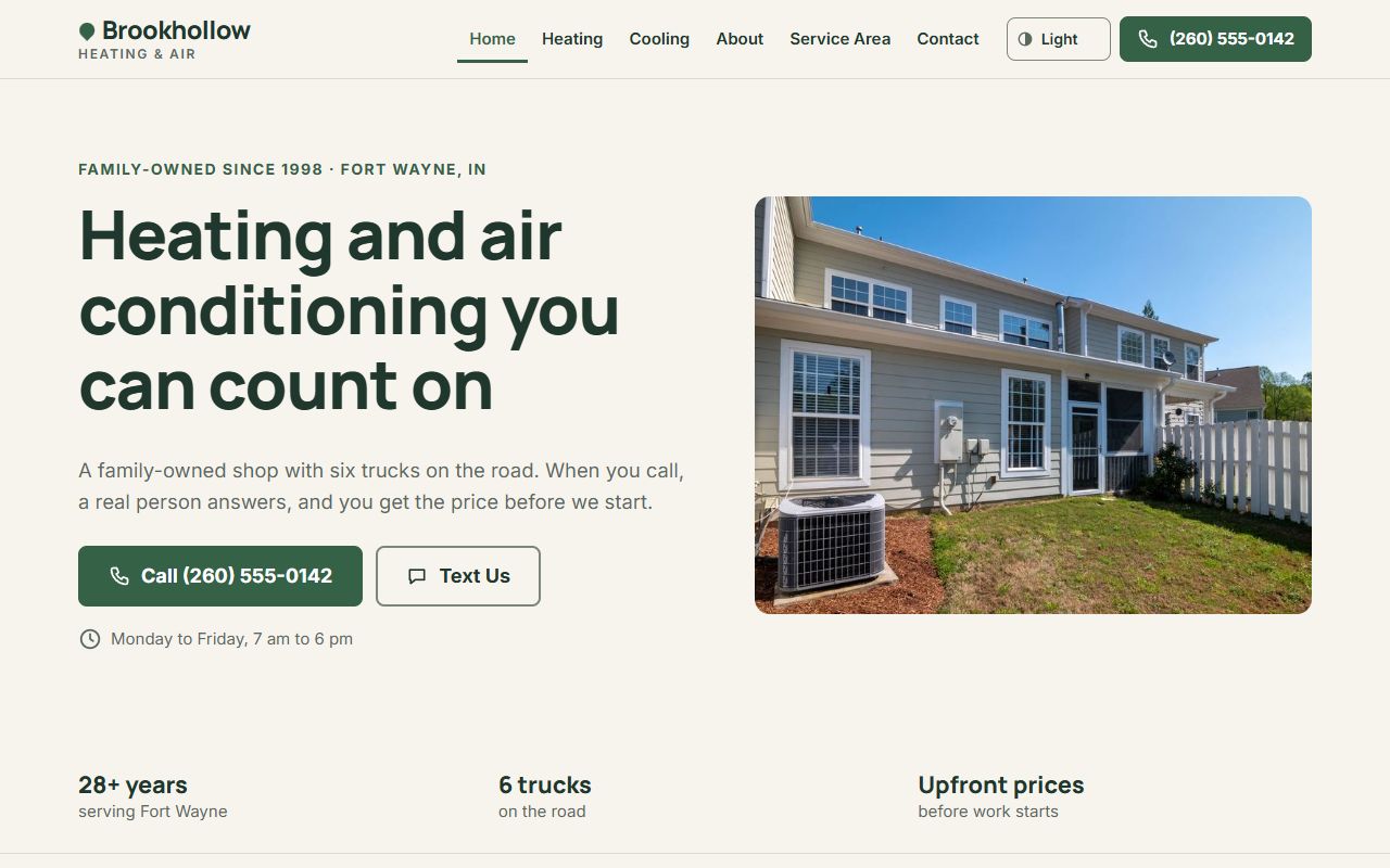 The Brookhollow Heating & Air example website on a computer